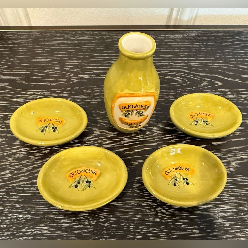 Vintage 5 pc Cruet Bottle Jar Olio Olive Oil Dipping Dish Set Ceramic Glazed - Picture 1 of 6